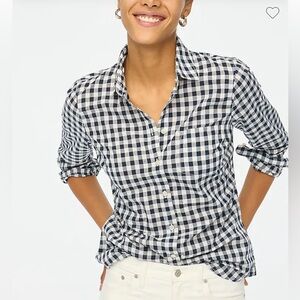 J Crew gingham preppy navy white shirt top size Small